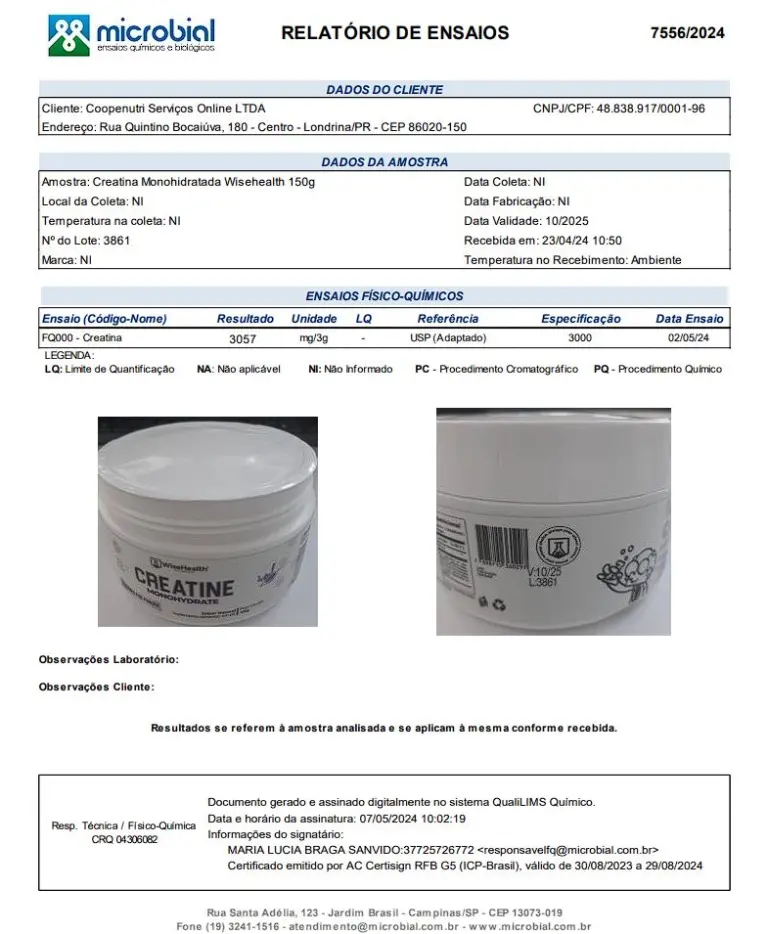 Laudo Creatina 100% Pura WiseHealth