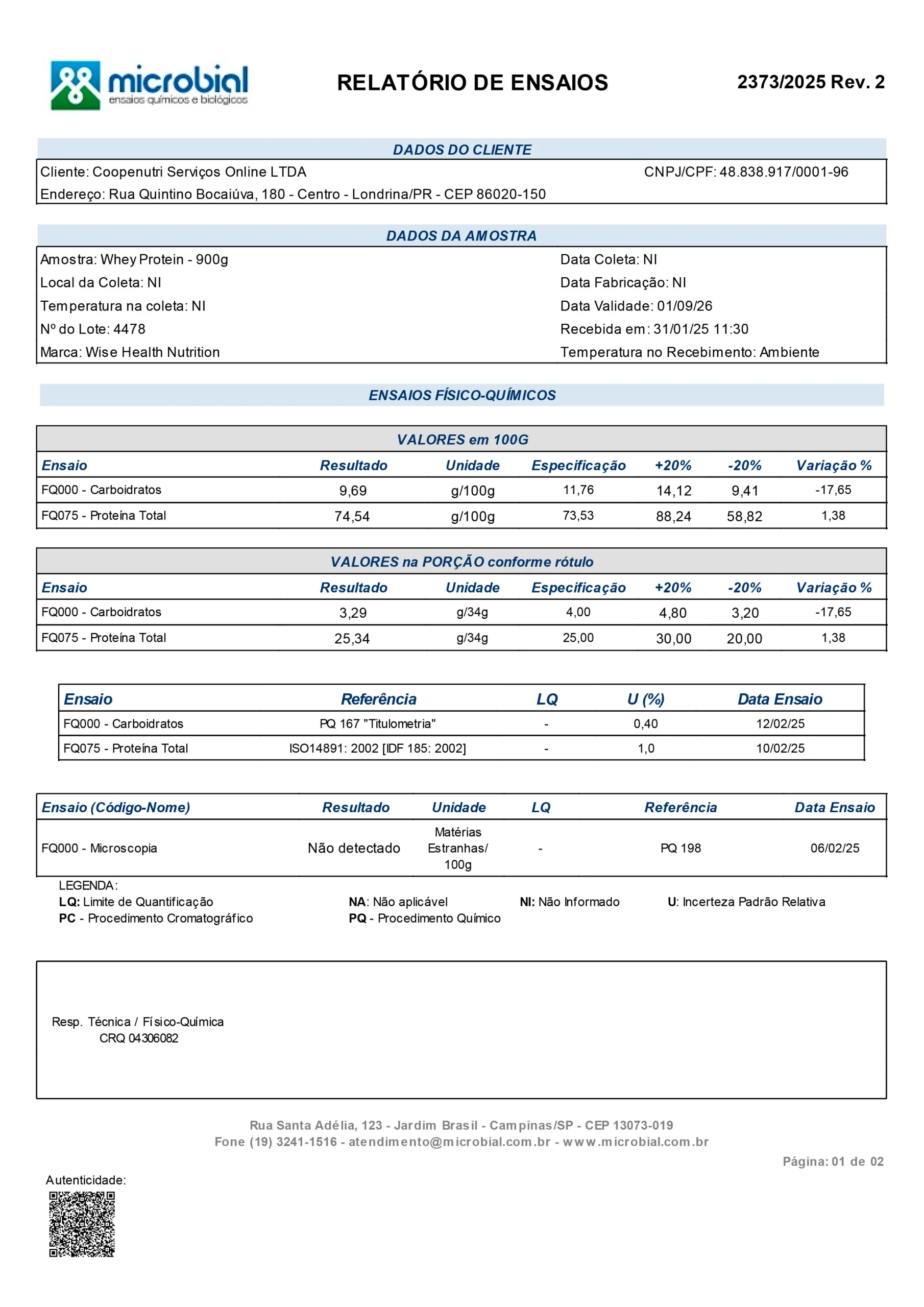 Laudo aprovado whey WiseHealth