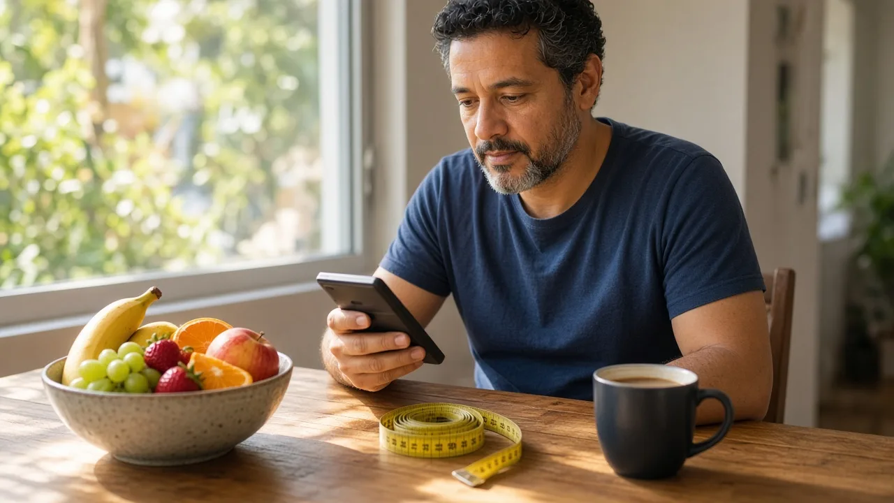 Como calcular TMB: homem com calculadora, fita métrica e tigela de frutas na mesa de casa