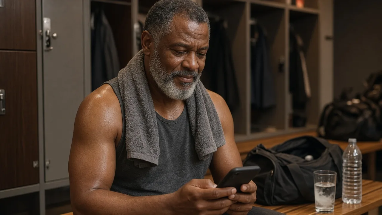 Como saber se a creatina é pura: homem confere o produto no celular com copo de água e toalha