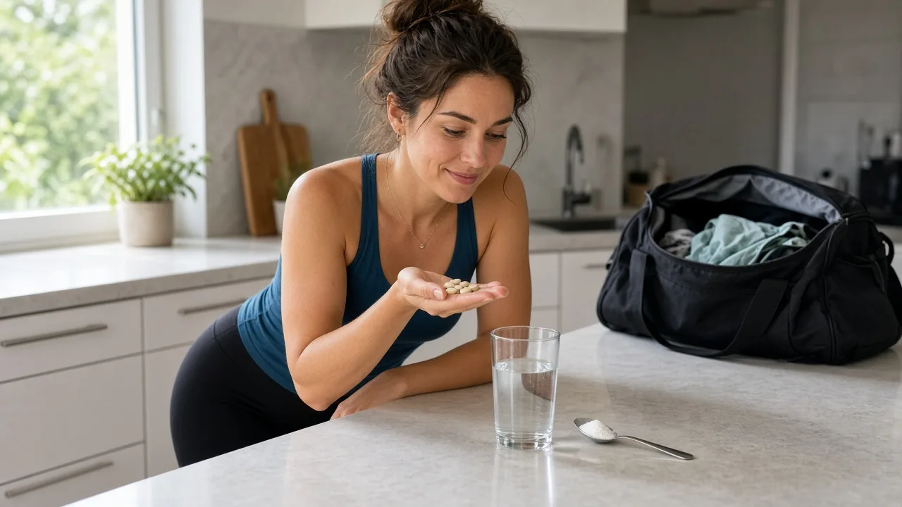 Creatina em pó ou pastilha mastigável: mulher na cozinha comparando as duas formas antes do treino