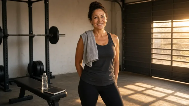 Creatina e treino de força: mulher agachando em academia caseira com garrafa de água e caderno de treino
