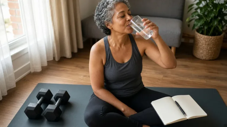 Creatina no corpo feminino: mulher após treino com halteres, copo d'água e caderno de treino