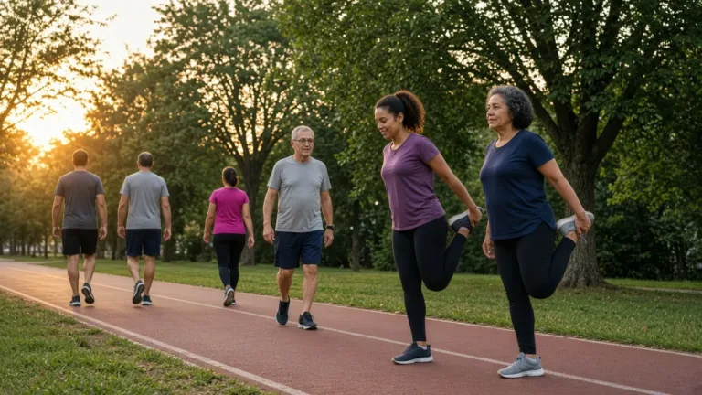 Pessoas se alongando e caminhando em um parque, ilustrando exercício físico e captação de glicose pelo músculo