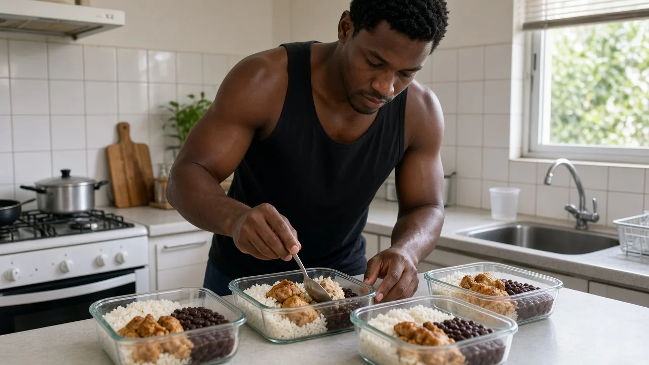Homem negro montando marmitas com arroz, frango e feijão