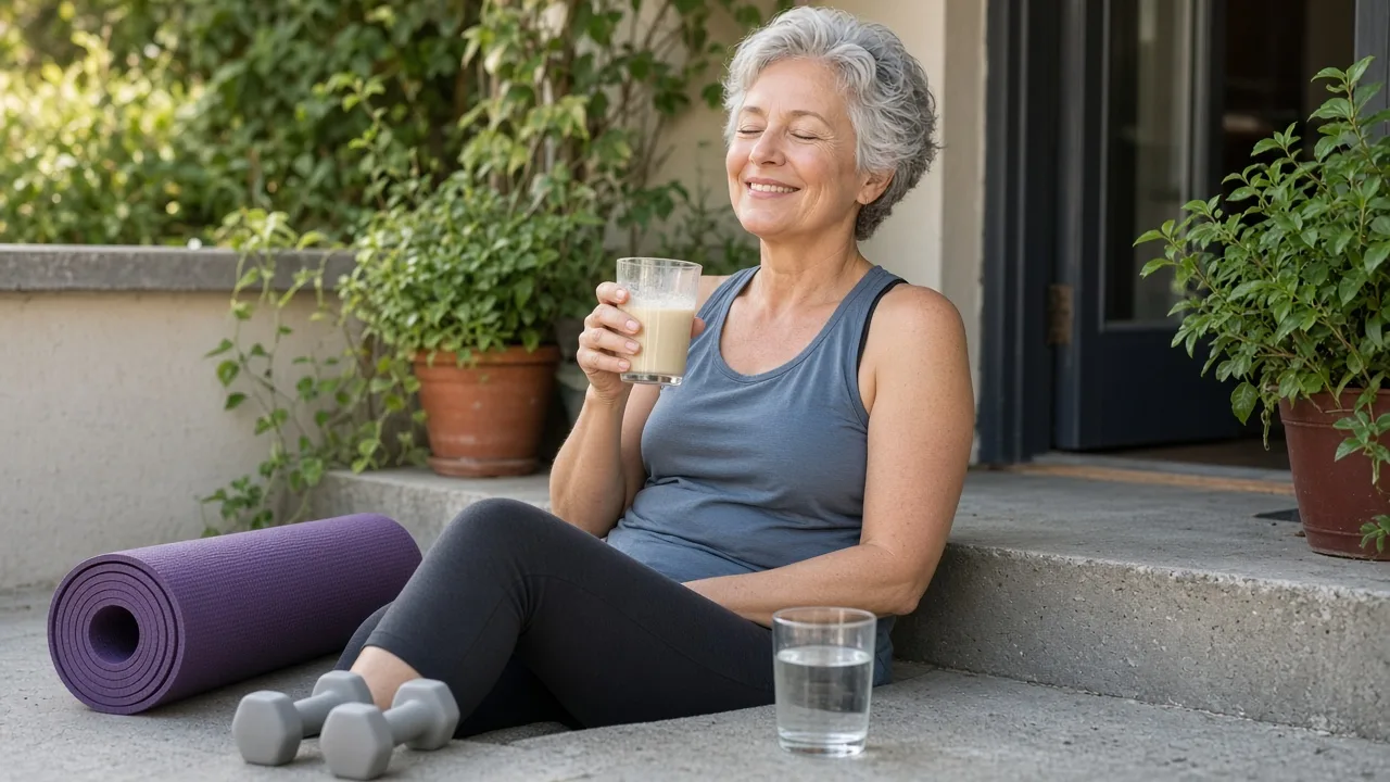 Para que serve whey protein: mulher com copo de shake, halteres leves e tapete de treino na varanda