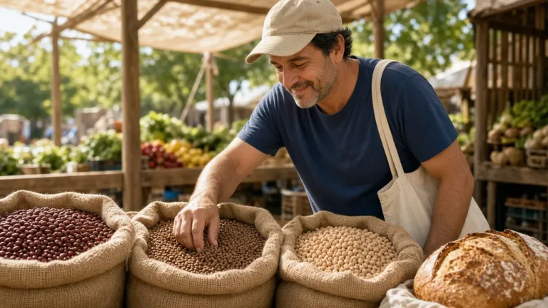 Proteína vegana: homem escolhendo feijão, lentilha e grão-de-bico a granel numa feira de rua
