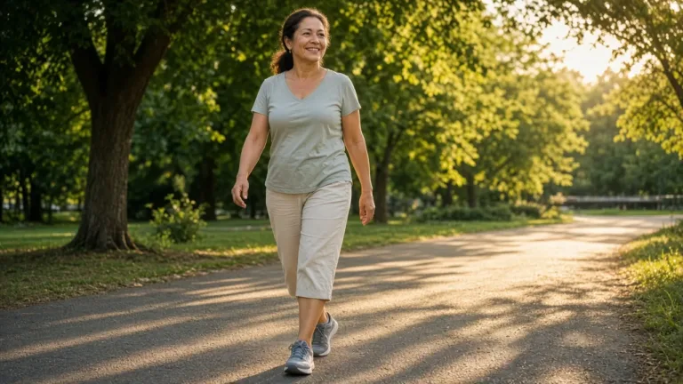 Vitamina D: mulher caminhando ao sol da manhã em um parque