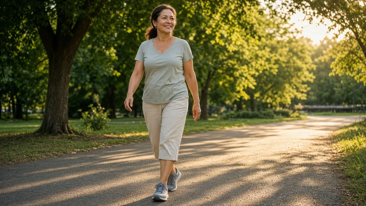 Vitamina D: mulher caminhando ao sol da manhã em um parque