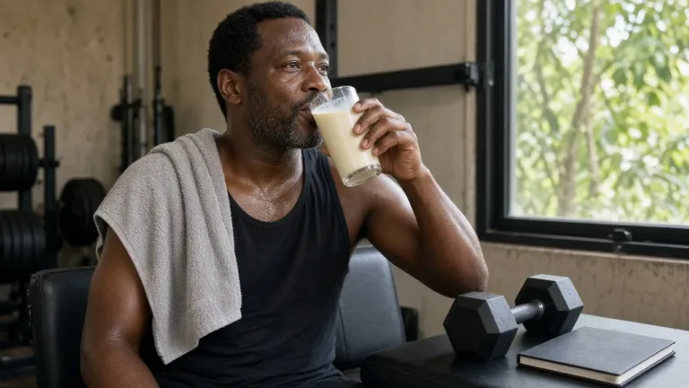 Whey protein e emagrecer: homem na academia com copo de bebida cremosa, halter e toalha