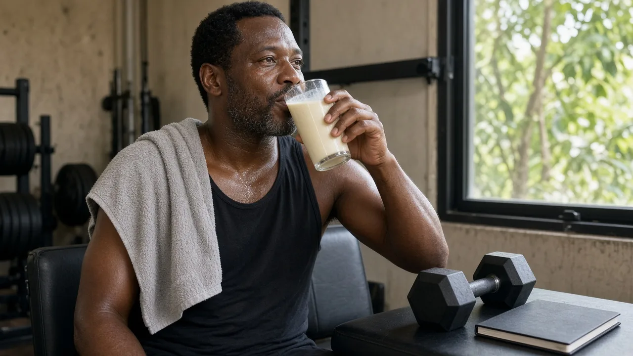 Whey protein e emagrecer: homem na academia com copo de bebida cremosa, halter e toalha