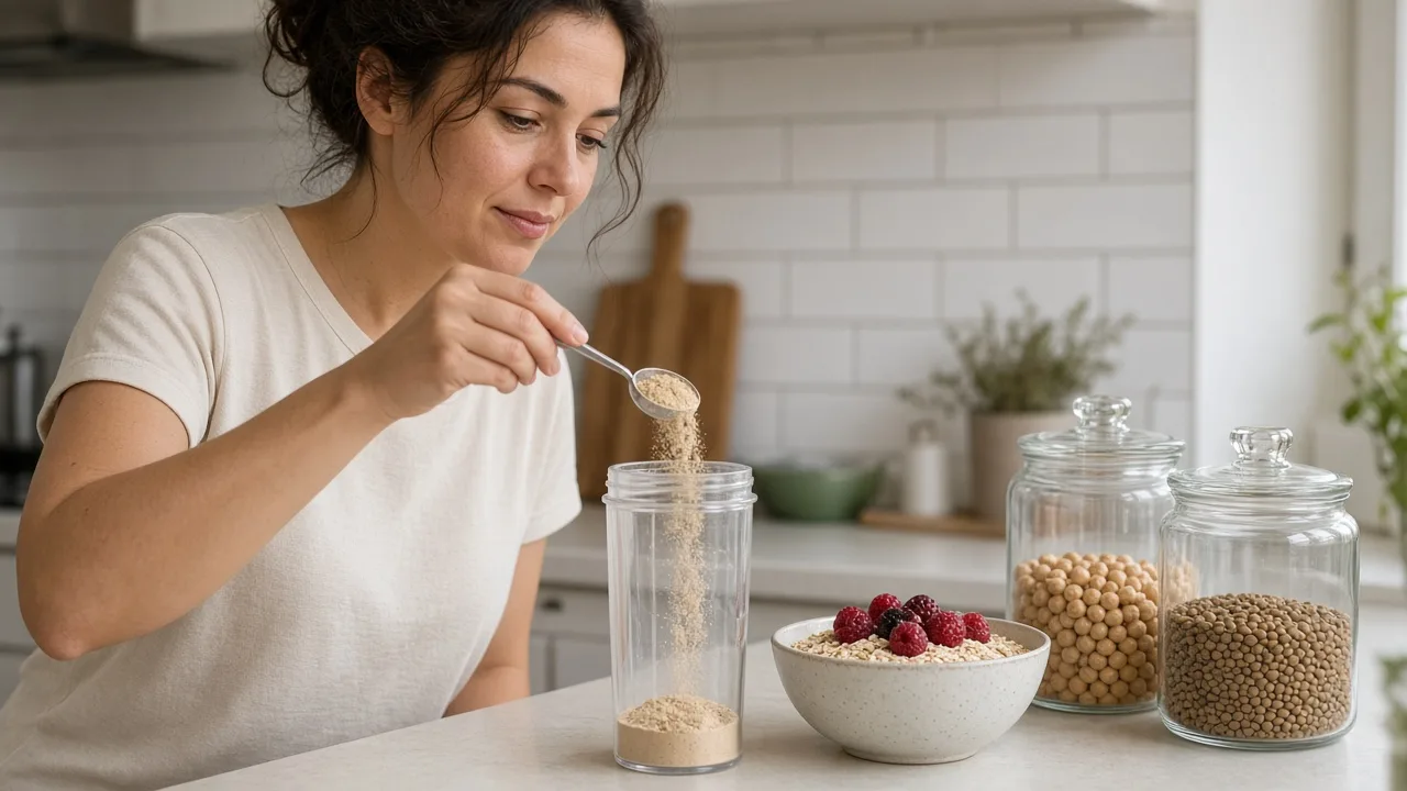 Whey vegano: mulher preparando proteína vegana em pó na coqueteleira, com aveia e leguminosas ao lado