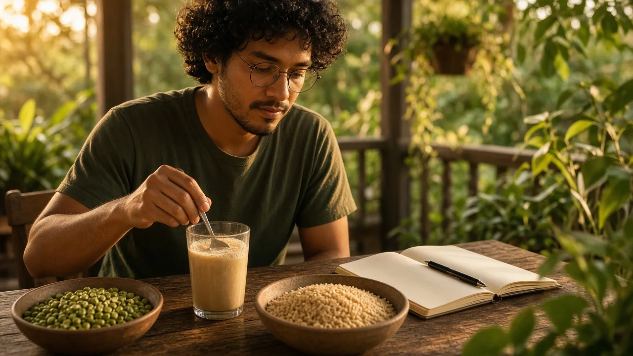 Whey vegano é feito de quê: ervilha, arroz e copo com proteína vegetal na mesa