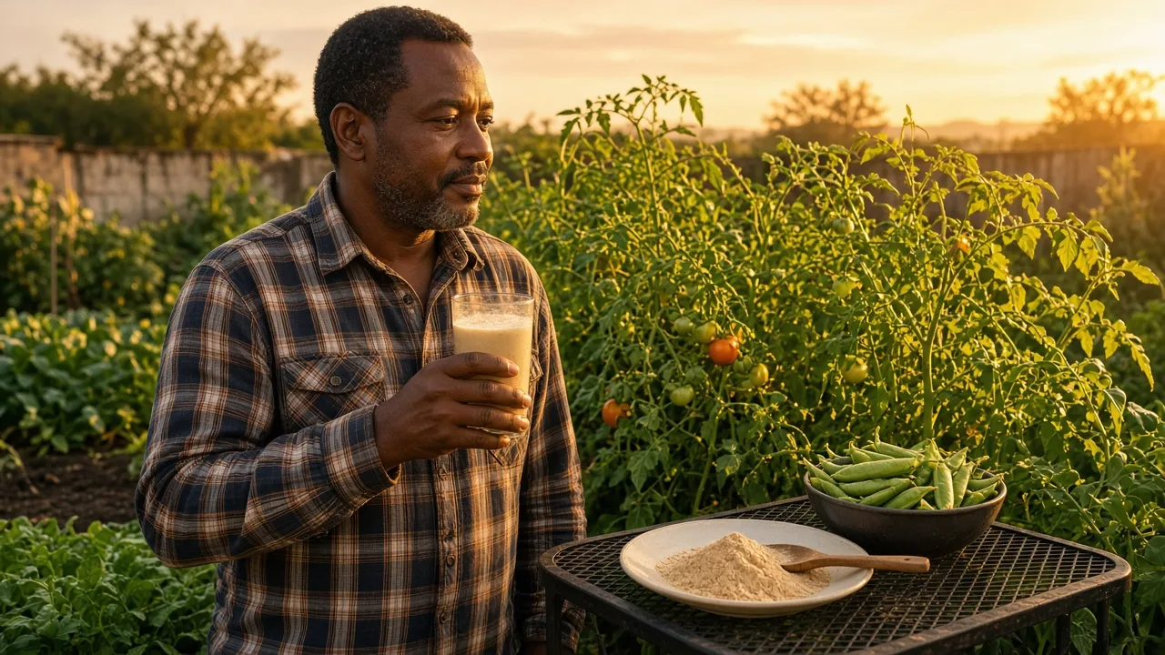 Whey vegano: homem com bebida de proteína vegetal, vagens de ervilha e colher com pó na horta